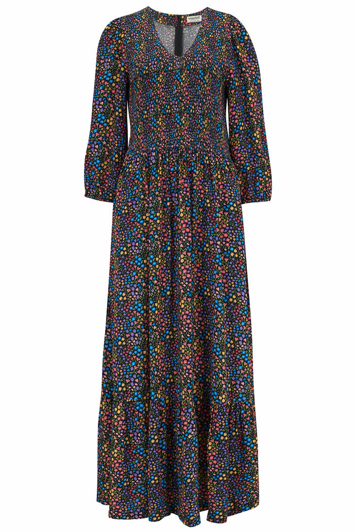 Magdalene Midi Shirred Dress (Black)