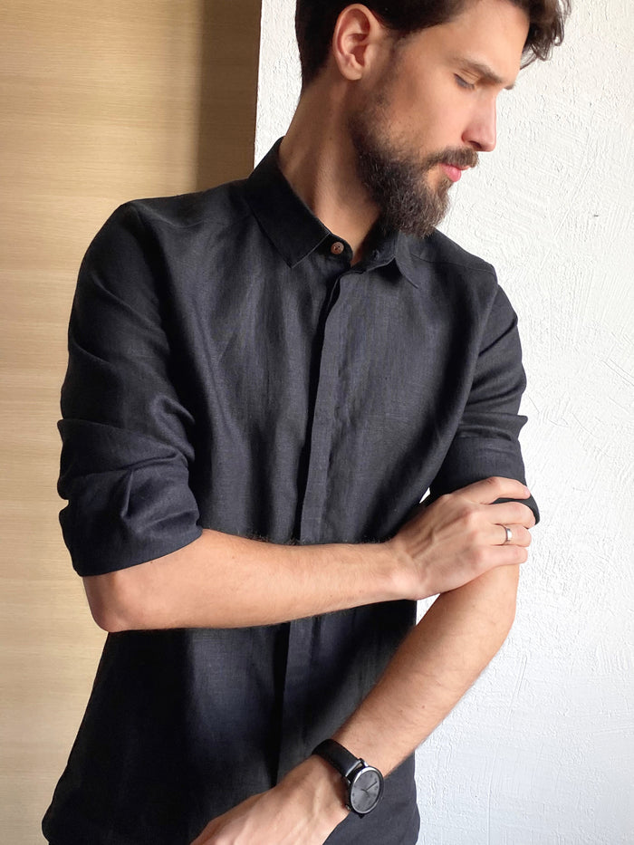 Men’s Classic Collar Linen Shirt HOLLY in Black