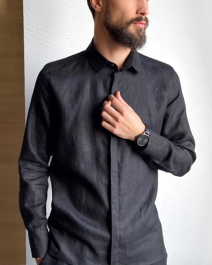 Men’s Classic Collar Linen Shirt HOLLY in Black