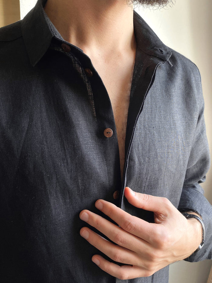 Men’s Classic Collar Linen Shirt HOLLY in Black