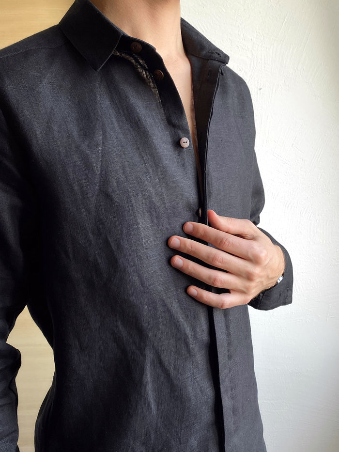 Men’s Classic Collar Linen Shirt HOLLY in Black