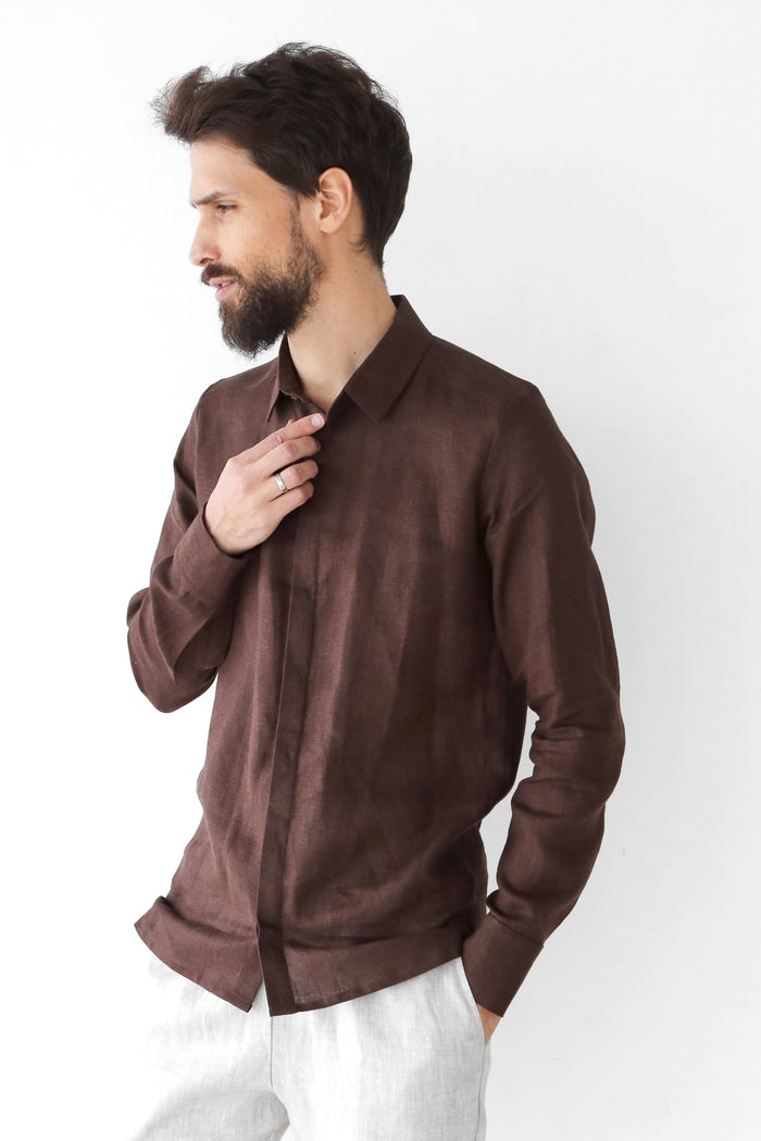 Men’s Classic Collar Linen Shirt HOLLY in Brown