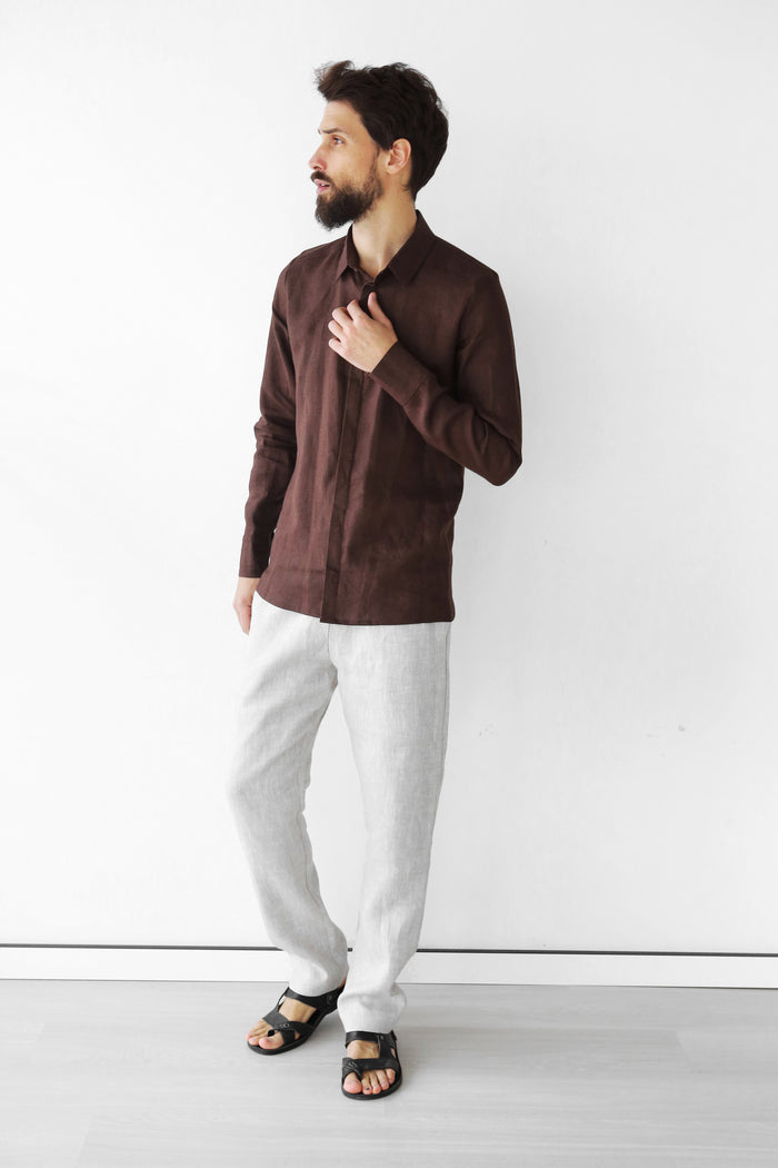 Men’s Classic Collar Linen Shirt HOLLY in Brown