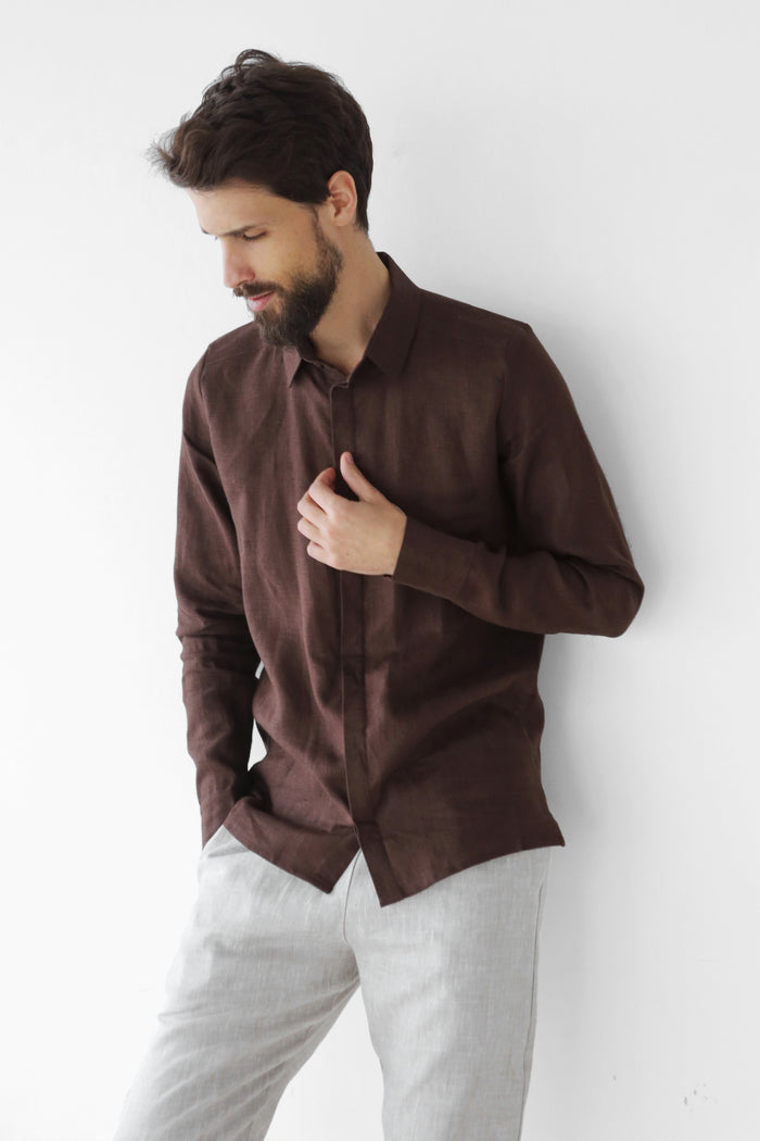 Men’s Classic Collar Linen Shirt HOLLY in Brown