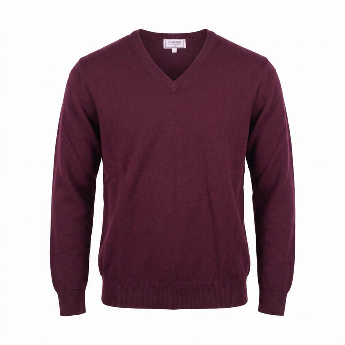 Men's Dunedin Cashmere 100% Cashmere V Neck Jumper - Bordeaux - Heritage Of Scotland - XS