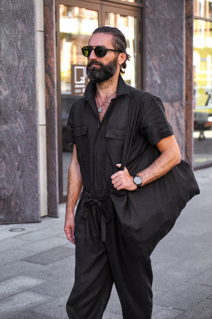 Mens Linen Jumpsuit SANDAL in Black