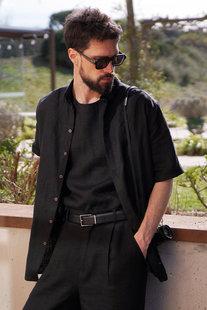 Men’s short sleeve linen shirt GARNET in Black