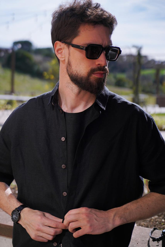 Men’s short sleeve linen shirt GARNET in Black