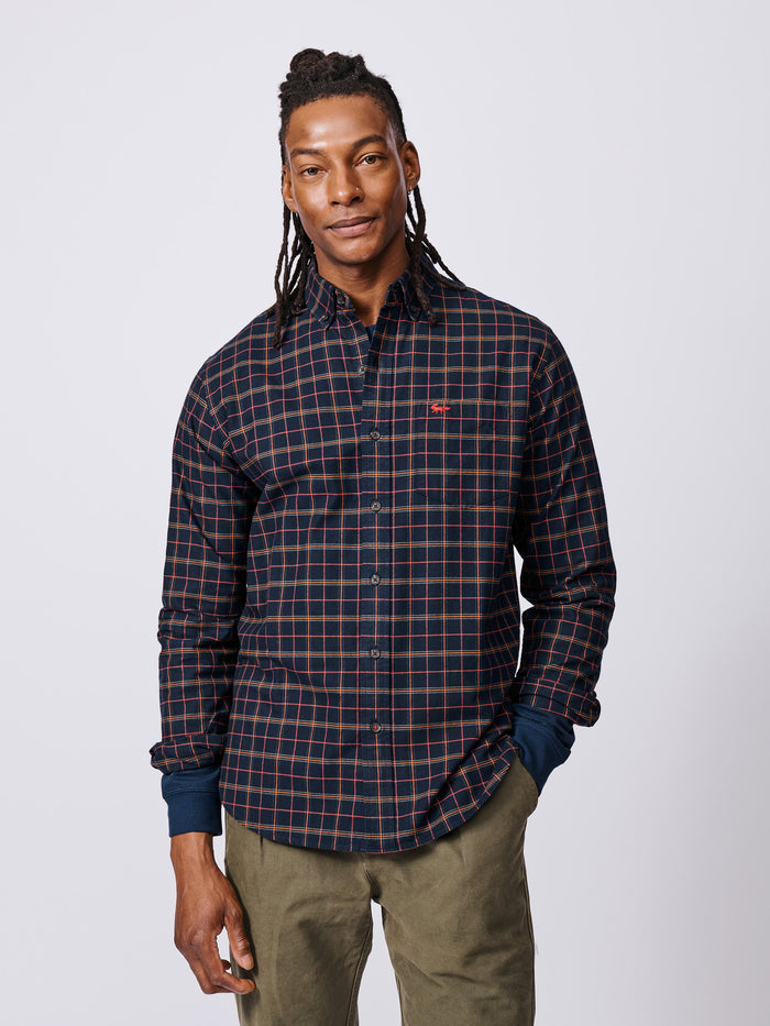Aubin Navy Check Merton Brushed Oxford Button Down Shirt | Checked Shirt