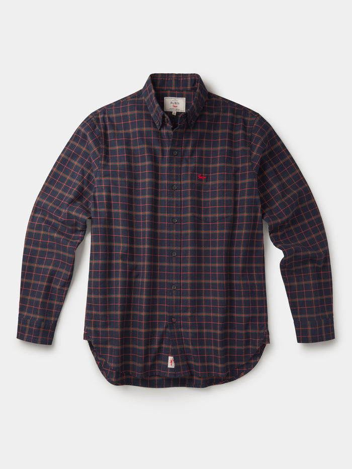 Aubin Navy Check Merton Brushed Oxford Button Down Shirt | Checked Shirt
