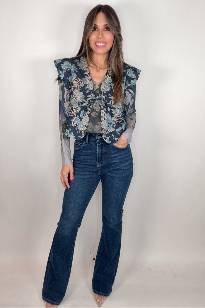 Style the Midnight Indigo Floral Quilted Embroidered Vest exclusively at Born To Glam