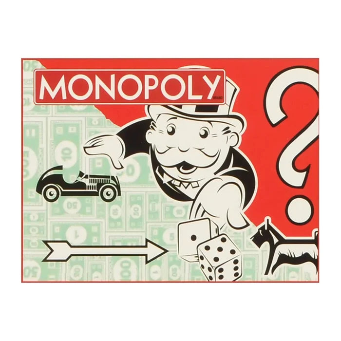 Monopoly with car and dog charms, money, Mr Monopoly, dice and Chance question mark