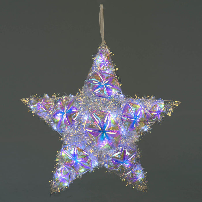 Iridescent Christmas star with LED lights and tinsel
