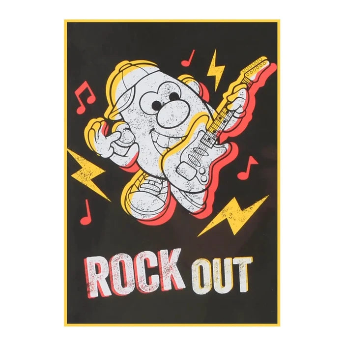 Mr Potato Head playing an electric guitar with music notes and lightning flashes