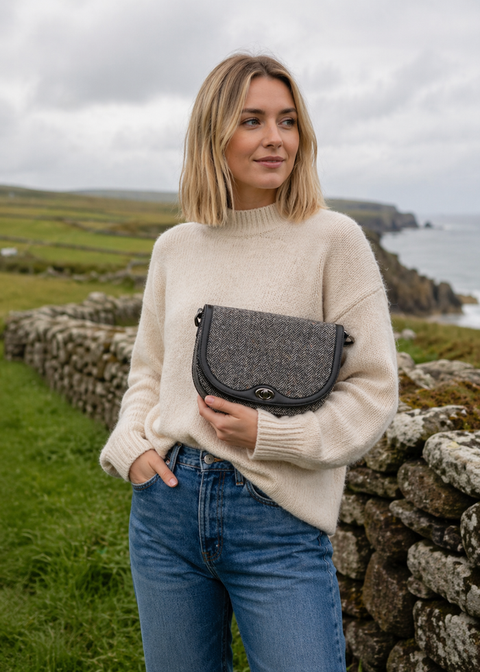 Mucros Erin Bag | Irish Tweed & Vegan Leather Handbag | Grey Herringbone