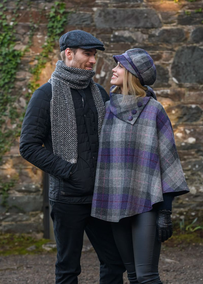 Mucros Poncho | Charcoal Lavender Stripe | 100% Wool Tweed