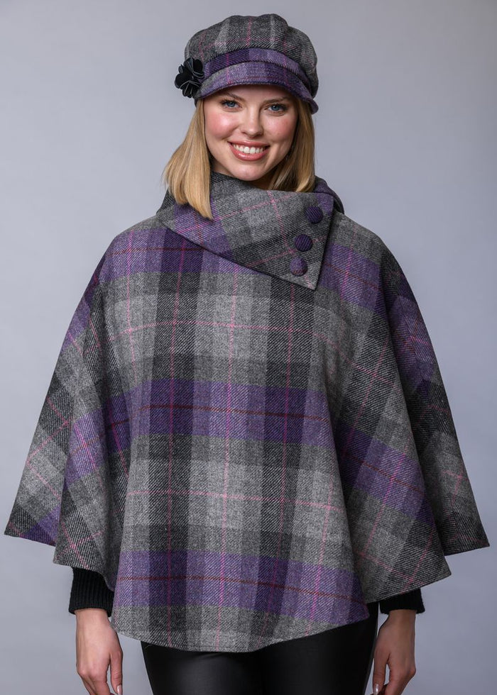 Mucros Poncho | Charcoal Lavender Stripe | 100% Wool Tweed