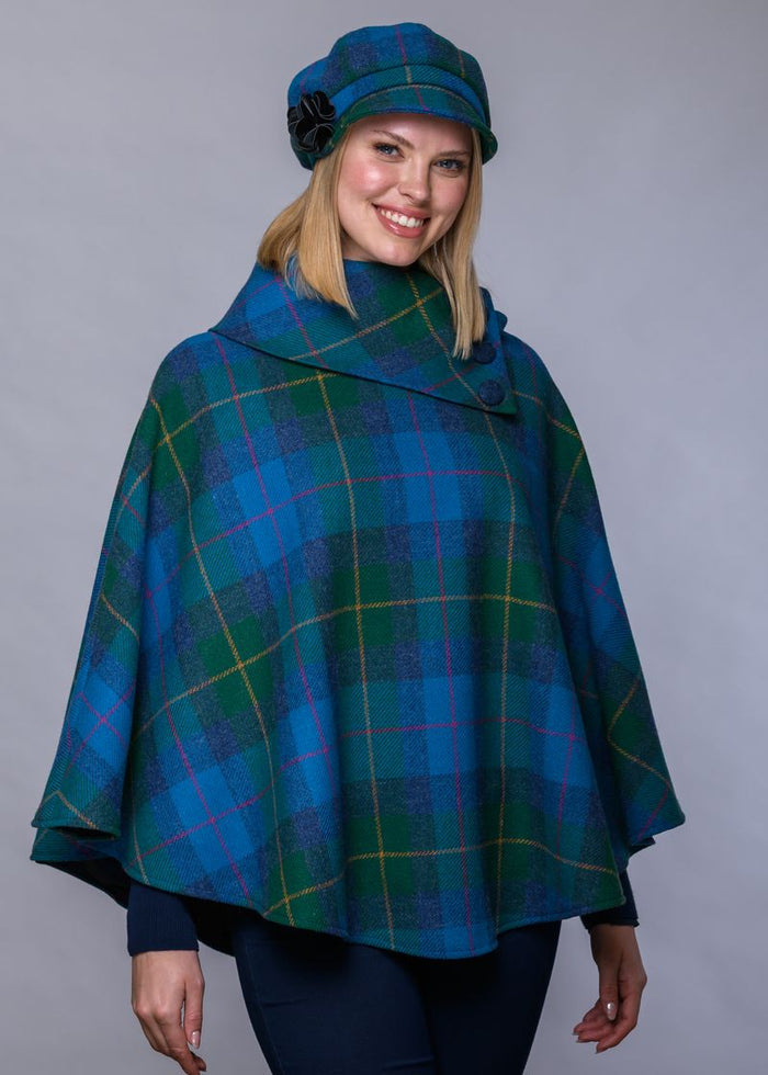Mucros Poncho | Luxury Wool Tweed | Green Blue Check