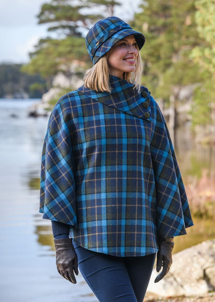 Mucros Poncho | Premium Wool Tweed | Navy Blue Check
