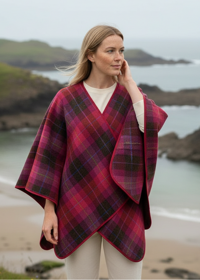 Lifestyle image - pink check poncho