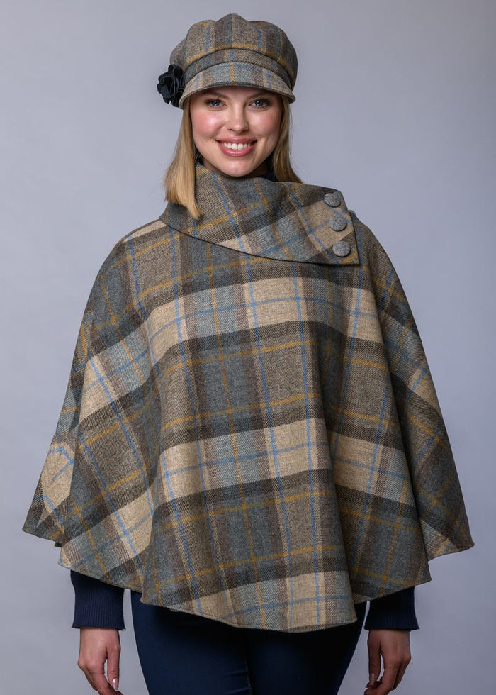 Mucros Wool Poncho | Mustard Blue Stripe