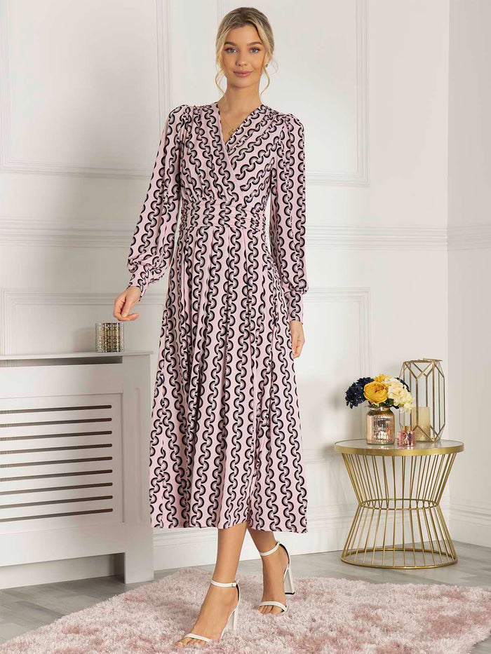 NANCY LONG SLEEVE MAXI DRESS (PINK GEO)