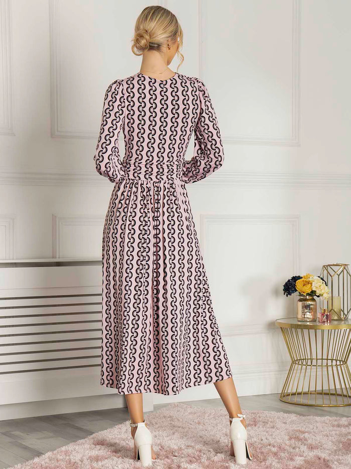 NANCY LONG SLEEVE MAXI DRESS (PINK GEO)