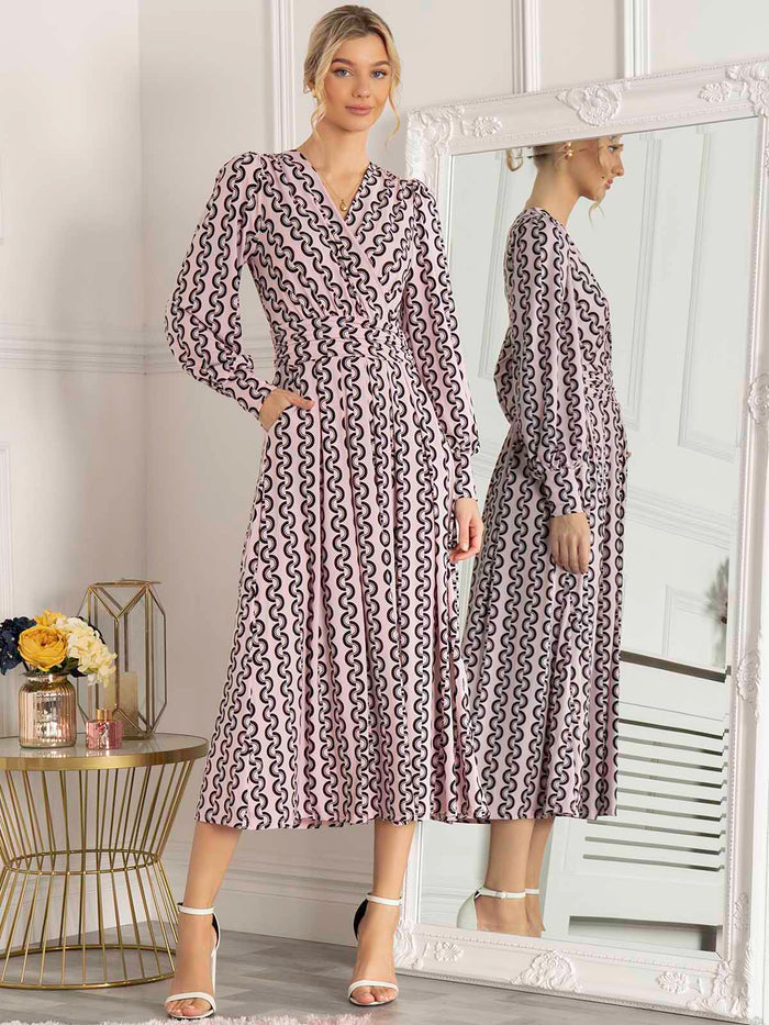 NANCY LONG SLEEVE MAXI DRESS (PINK GEO)