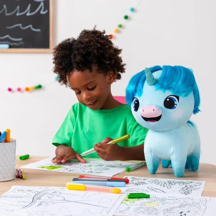 Child playing with a plush Kelp character from Not quite Narwhal