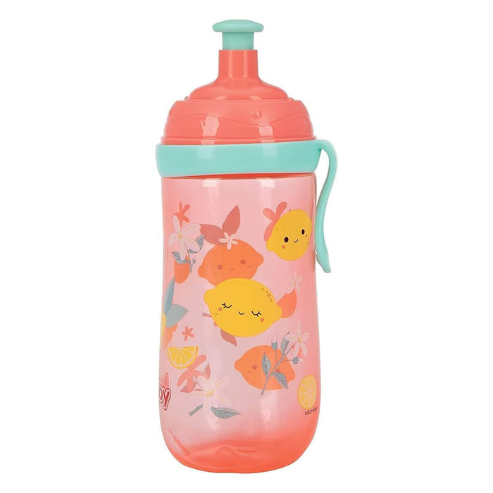 Toddlers pink water bottle with lemon design and clip handle
