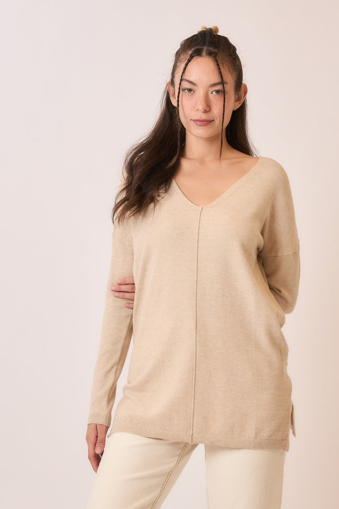 Style the Oatmeal Soft Fine Knit V-neck Sweater exclusively at Born To Glam