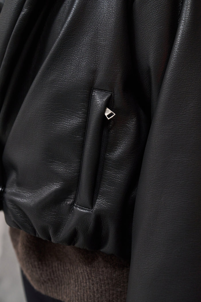 OVERSIZED COLLAR FAUX LEATHER PUFFER COAT - BLACK