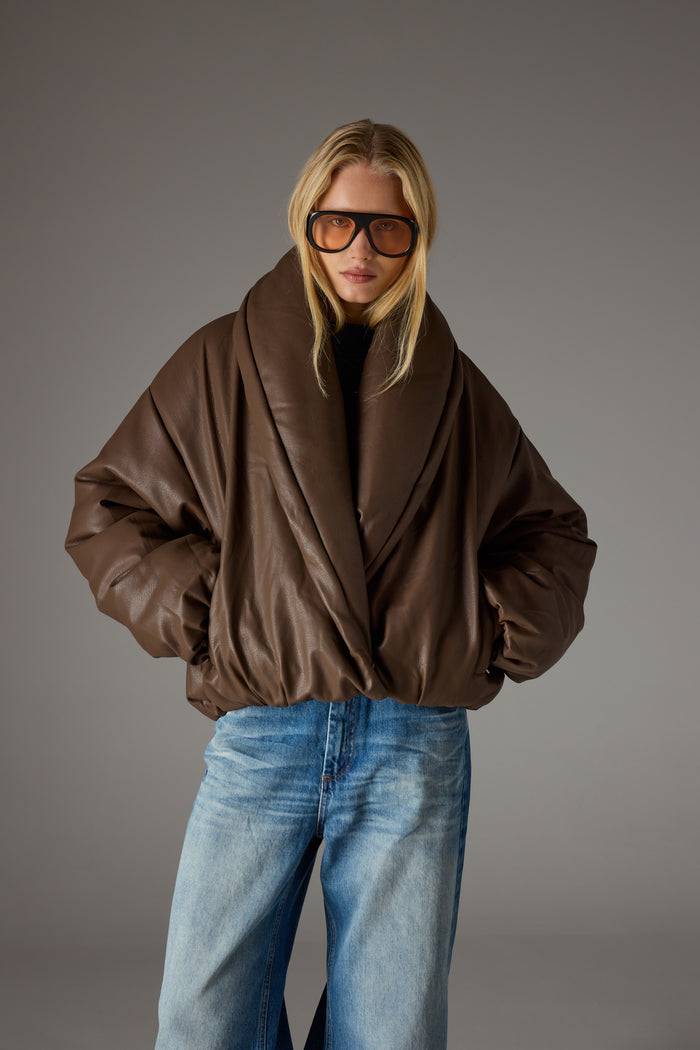 OVERSIZED COLLAR FAUX LEATHER PUFFER COAT - BROWN