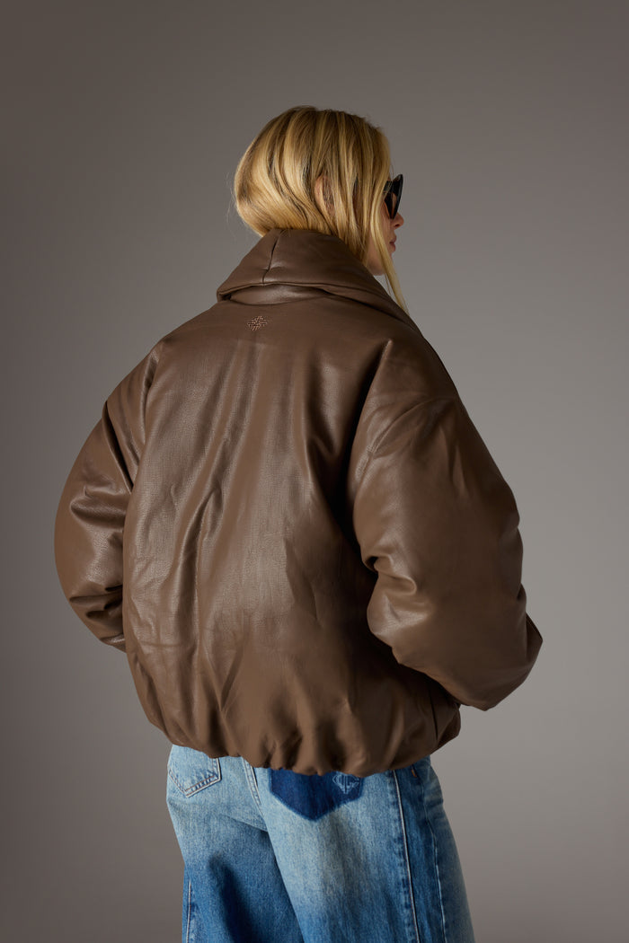 OVERSIZED COLLAR FAUX LEATHER PUFFER COAT - BROWN