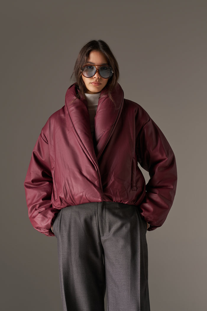 OVERSIZED COLLAR FAUX LEATHER PUFFER COAT - BURGUNDY