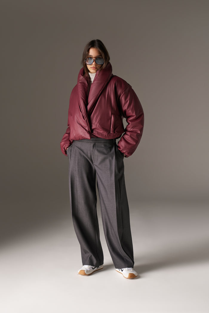 OVERSIZED COLLAR FAUX LEATHER PUFFER COAT - BURGUNDY