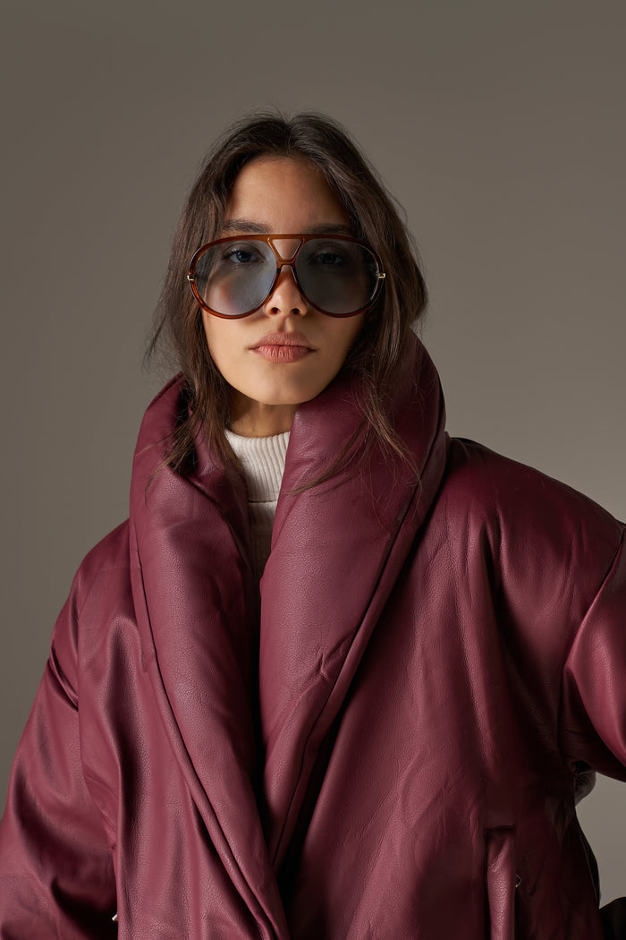 OVERSIZED COLLAR FAUX LEATHER PUFFER COAT - BURGUNDY