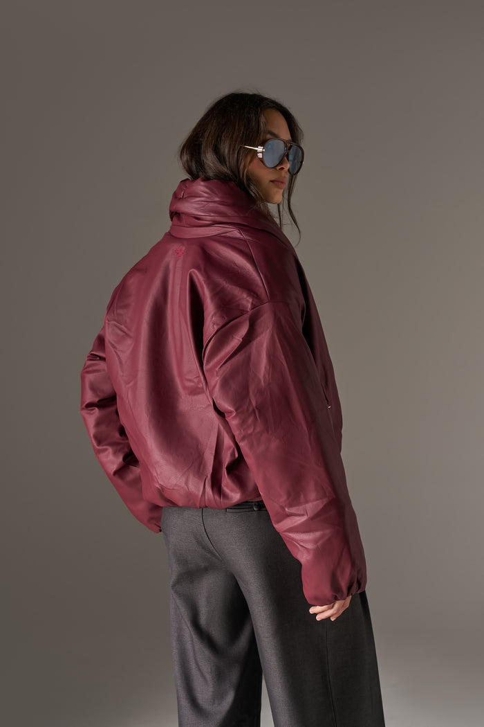 OVERSIZED COLLAR FAUX LEATHER PUFFER COAT - BURGUNDY