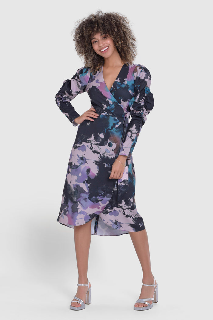 Paula Puff Sleeve Midi Dress (Black)
