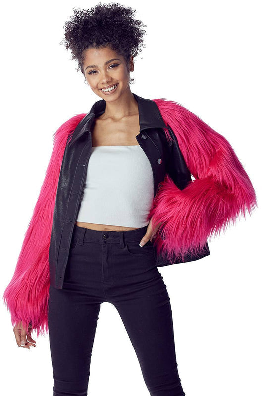 Pink faux fur sleeve jacket with a black faux leather body and snap-front closure.