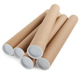 Five MerchNow brown poster tubes with white plastic end caps are arranged in an overlapping pile on a plain white background, ready to safely hold and mail posters.