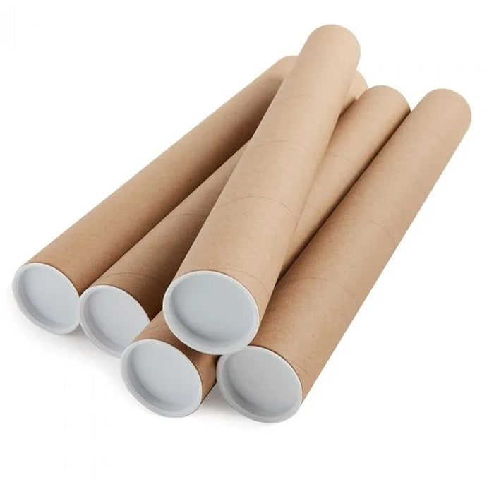 Five MerchNow brown poster tubes with white plastic end caps are arranged in an overlapping pile on a plain white background, ready to safely hold and mail posters.