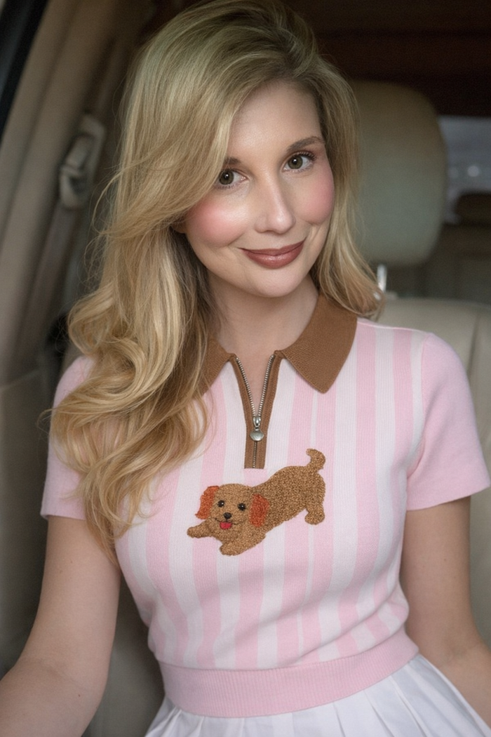 Preppy Dachshund Stripe Knit Polo