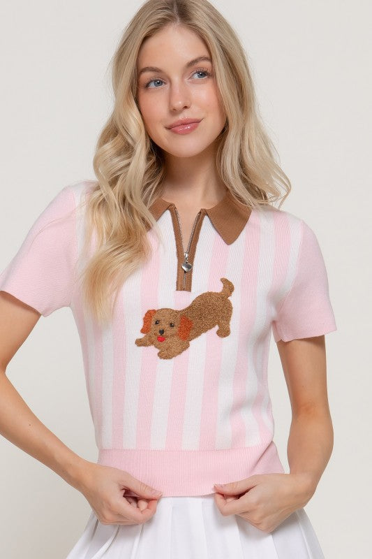 Preppy Dachshund Stripe Knit Polo