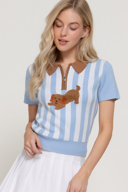 Preppy Dachshund Stripe Knit Polo