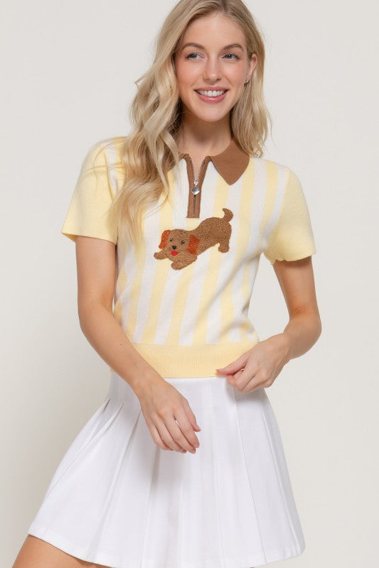 Preppy Dachshund Stripe Knit Polo