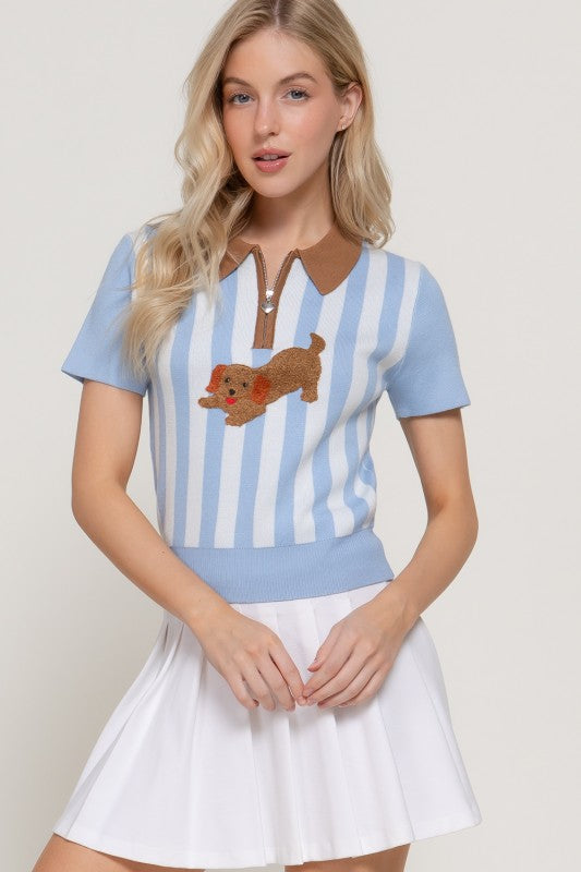 Preppy Dachshund Stripe Knit Polo