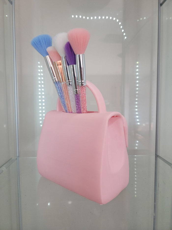 Pretty in Pink Bow Handbag Brush Holder - Glamorous Vanity Organizer - RFE Marketing Ventures