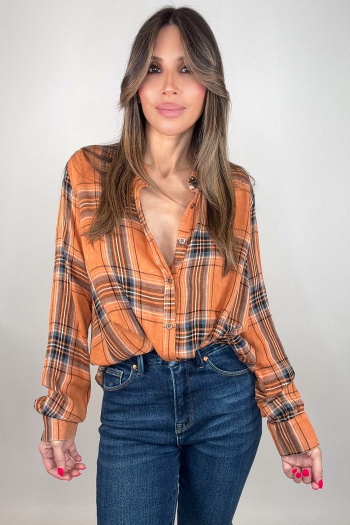 Style the Pumpkin Washed Plaid Surplice Blouse exclusively at Born To Glam