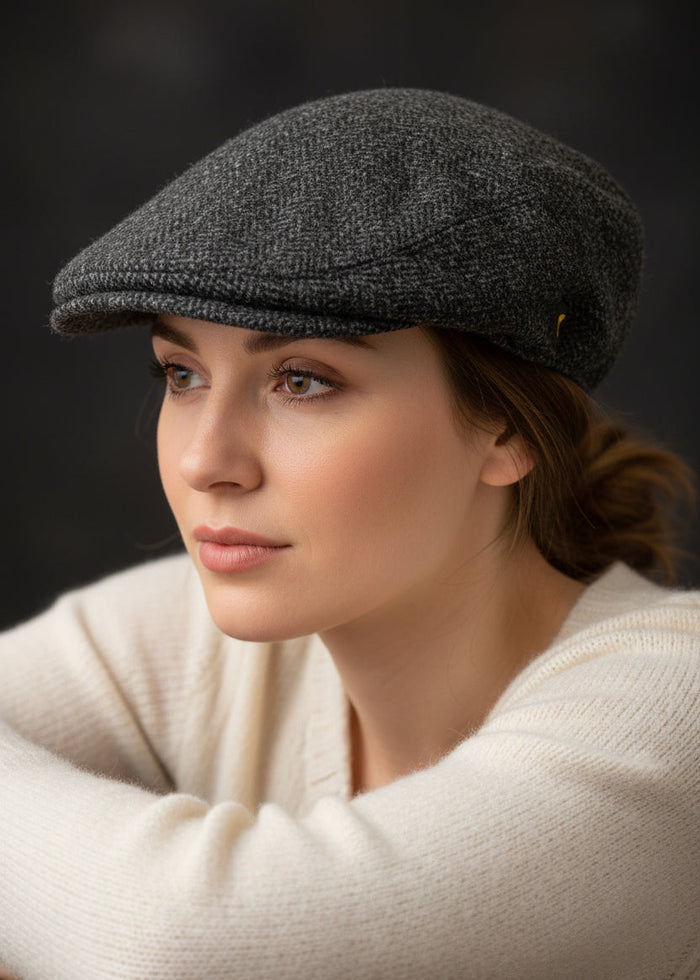 Pure Wool Aran Cap | Charcoal Herringbone